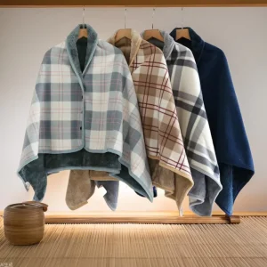 FF4628 Winter Warm Soft Fleece Lap Wearable Blanket Comfy Poncho Throw with Buttons Home Office Plaid Shawl Blanket