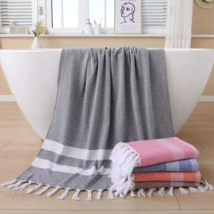 FF6144 100*180cm Argyle Turkish Cotton Beach Towel with Tassel Fringe Summer Travel Vacation Sand Free Hammam Towel