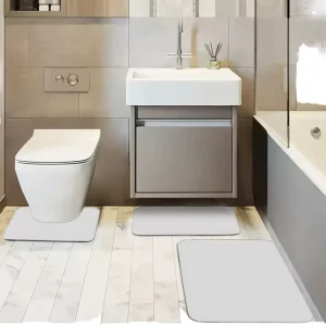FIGOO 3 Piece Memory Foam Bathroom Mat Set Super Absorbent Cobblestone Embossed Non Slip Bath Rug Set with U Shape Contour Mat