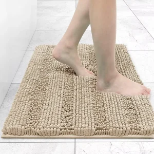 FIGOO Modern Striped Polyester Bath Mats for Bathroom Non Slip Fluffy Absorbent Machine Washable Shower Mat
