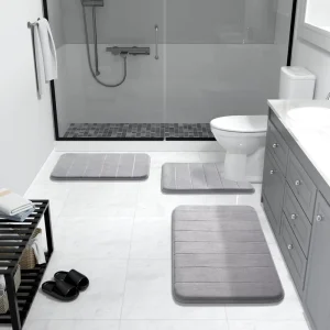 FIGOO Wave Embossed Bath Mat Elegant Geometric Pattern Super Absorbent Memory Foam Non Slip Quick Dry Bathroom Floor Mat