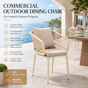 FLD1213 Commercial Rattan Wood Look Rope Dining Chair Cushion Pillow Aluminum Frame Outdoor for Hotel Resort Project OEM ODM