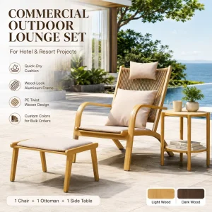 FLD1223 Modern Aluminum PE Rattan Outdoor Lounge Chair Set with Ottoman and Side Table for Hotel Resort Villa Patio