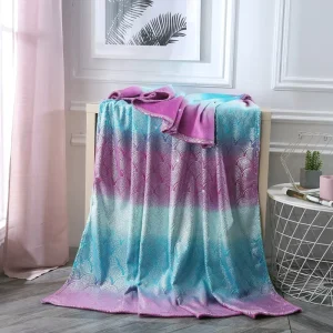 FY Fish Scale Pattern Gold Stamping Purple Blue Gradient Flannel Decorative Raschel Blanket