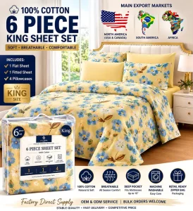 Factory 100% Cotton 6 Piece King Bed Sheet Set Printed Bedding Sheet Set with 4 Pillowcases Deep Pocket Fitted Sheet