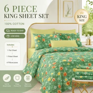 Factory 100% Cotton 6 Piece King Sheet Set Printed Bedding Sheet Set with Fitted Sheet and 4 Pillowcases