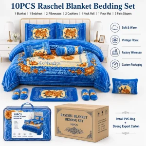 Factory 10PCS Raschel Blanket Bedding Set Winter Warm Thick Floral King Size Bed Set with Slippers