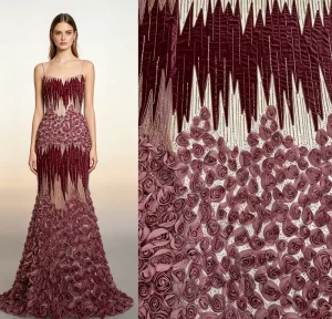 Factory 3D Rose Mauve Handmade Flower Velvet with Bead Embroidery Lace Fabric for Garment in Stock