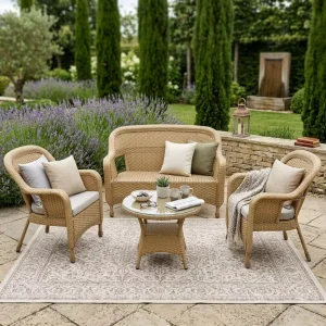 Factory 4 Piece Natural Hand Woven Rattan Patio Conversation Set with Round Glass Top Coffee Table