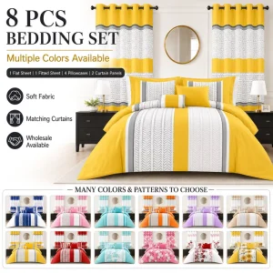 Factory 8 PCS Bed Sheet Set With Curtains Printed Bedding Set for Home Textile Buyers