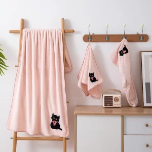 Factory Cartoon Cat Printed Plain Weave Soft Absorbent Bath Towel Hair Drying Cap Three-Piece Coral Fleece Set