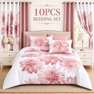 Factory Colorful Floral Polyester 10 Pc Bed Sheet Set Deep Pocket Bedding Set with Curtains for Family Bedroom OEM Manufacturing