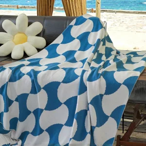 Factory Cotton Knitted Throw Modern Blue White Irregular Wave Jacquard Blanket Soft Cozy Decor Sofa Bed Cover Blanket