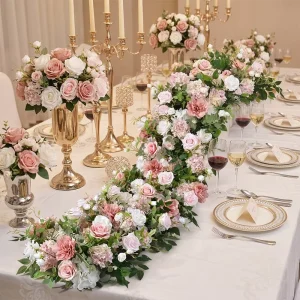 Factory Custom Handmade Floral Row 200cm White Pink 5D Artificial Silk Rose Wedding Flower Table Runner for Valentine’s Day Home
