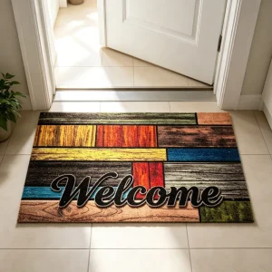 Factory Custom Printed Wood Grain Welcome Coir Doormat Non Slip Rubber Base Water Absorbent Fast-Dry Dirt Catch Entryway Rug