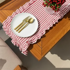Factory Custom Size Cotton Linen Red Striped Ruffle Table Runner for Kitchen or Dining Room Decor Christmas
