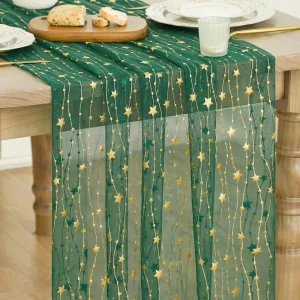 Factory Customized Reusable 100% Polyester Gauze Table Runner 10FT Glitter Metallic Foil Sheer Dining Wedding Anniversary Table