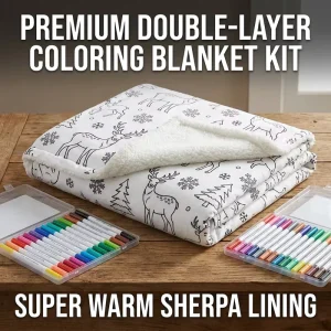 Factory DIY Double Layer Christmas Coloring Color in Blanket Throw with Premium Sherpa Fleece Lining & 15 Washable Markers Kit