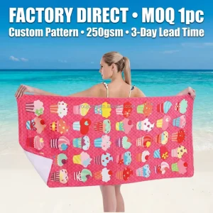 Factory Direct 250gsm Polyester Kids Terry Cartoon Beach Towel 70x150cm Red Pink Cut Cupcake Print Sand Free Quick Dry Summer