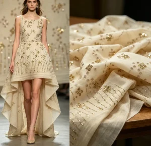 Factory Direct Beige Crinkle Woven Fabric Gold Sequin Tube Bead Embroidery Medium Weight 200g m Wedding Apparel