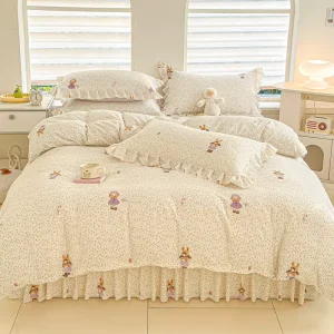 Factory Direct Cartoon Rabbit Floral Cotton Bedding Set 4 Piece Ruffle Edge Bed Sheet Set for Dorm Home