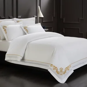 Factory Direct Double Bedsheet 4Pcs Woven Embroidery Hotel Collection Bedding Set with White Duvet Cover