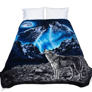 Factory Direct Howling Wolf Raschel Throw Blanket Queen Size Durable Heavyweight Super Soft Plush Winter Use for Men