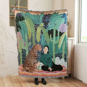 Factory Direct Jungle Leopard Artistic Tapestry Tropical Botanical Woven Polyester Cotton Eco-Friendly Portable Afghan