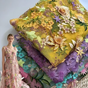 Factory Direct Multi Color 3D Floral Embroidered Woven 100% Polyester Fabric Mesh Lace for Wedding Dresses and Evening Gowns