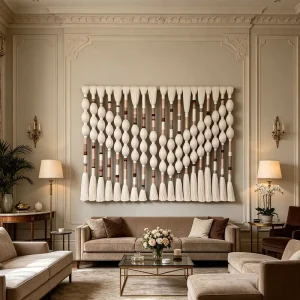 Factory Direct Neutral Brown Beige Stripe Tassel Woven Large Multi Column Spherical Bead Macrame Wall Hanging for Luxury Villa