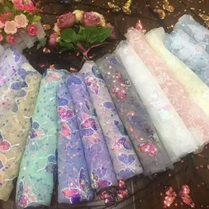 Factory Direct New Weft PVC 100% Polyester Eco-Friendly Women’s Embroidery Sequin Beads Butterfly Design Lace Fabric Wedding