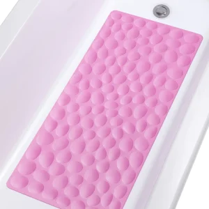 Factory Direct Pricing Non Slip Bathtub Mat Soft Rubber Bathroom Bathmat with Strong Suction Cups Pink 16×31.5 Inch