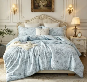 Factory Extra Soft Blue Printed 4 Piece Polyester Bedding Set with Botanical Plant Pattern