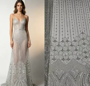 Factory Fabric Vertical Geometric Sequins Embroidery Lurex Tulle Lace for Garment Factory Wedding Occasion Dress
