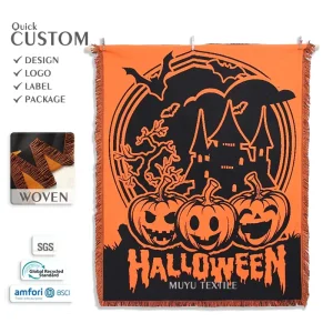 Factory Halloween Woven Tapestry Blanket Custom Design Tapestry Sofa Blanket with Jacquard Tassel Double sided Blanket
