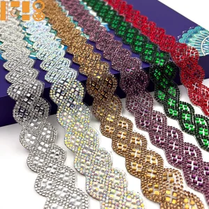 Factory Hand Sewn Hot Fix Rhinestone Trimming Colorful Glass Crystal Diamond Chain for Carnival Clothing Collars Decorations