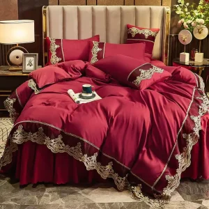 Factory Luxury European Style Four Piece Bedspread Quilt Cover Set Brushed Embroidered Lace Solid Pillowcase Duvet Bedding Set