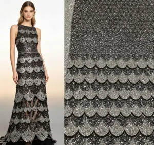Factory Mermaid Fish Scale Silver Black Big Sequins Glitter Beaded Tulle Fabric For Nightclub Show Evening Dress