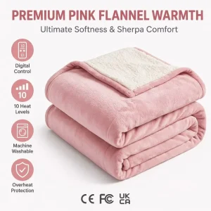 Factory OEM Custom Blush Pink Luxury Flannel Sherpa Electric Throw Blanket 50×60 Inch Digital Control Safe Warm Winter Home