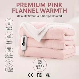 Factory OEM Custom Blush Pink Luxury Flannel Sherpa Electric Throw Blanket 50×60 Inch Digital Control Safe Warm Winter Home