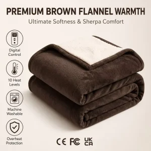 Factory OEM Custom Coffee Brown Luxury Flannel Sherpa Electric Throw Blanket 50×60 Inch Digital Control Safe Warm Winter Home