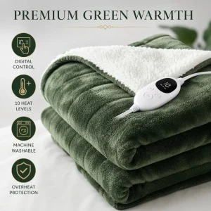 Factory OEM Custom Forest Green Luxury Flannel Sherpa Electric Throw Blanket 50×60 Inch Adjustable Heat Overheat Protection
