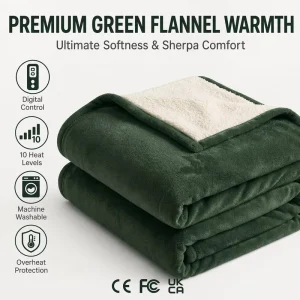 Factory OEM Custom Forest Green Luxury Flannel Sherpa Electric Throw Blanket 50×60 Inch Digital Control Safety Warm Bed