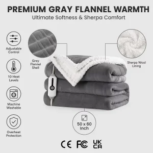 Factory OEM Custom Gray Luxury Flannel Sherpa Electric Throw Blanket 50×60 Inch Adjustable Heat Safety Overheat Protection