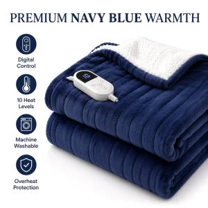 Factory OEM Custom Navy Blue Luxury Flannel Sherpa Electric Throw Blanket 50×60 Inch Digital Control Safe Warm Winter Home