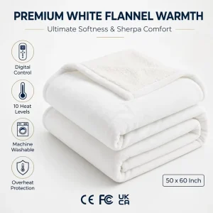 Factory OEM Custom White Luxury Flannel Sherpa Electric Throw Blanket 50×60 Inch Digital Control Safety Overheat Protection Bed Warm