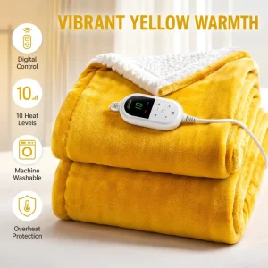 Factory OEM Custom Yellow Luxury Flannel Sherpa Electric Throw Blanket 50×60 Inch Digital Control Safe Warm Winter Home