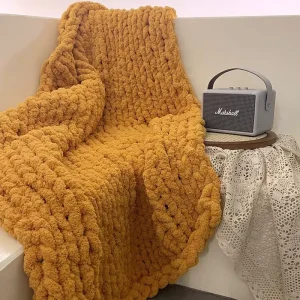 Factory OEM Recycled Polyester Sherpa Chunky Knit Throw Chenille Knitted Blanket