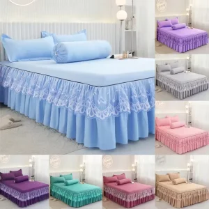 Factory Solid Color Sheet 3 Pcs Bedding Sets Two Pillow Cases Acrylic Microfiber Lace Bed Skirts