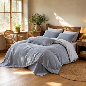 Factory Stock Washed Cotton Bedding Four Piece Set Solid Plain Wooden Button Duvet Cover Multiple Sizes Support Custom OEM ODM